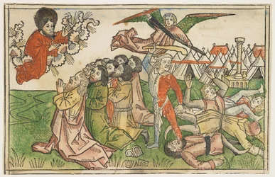 Folk i Israel straffet for at tilbede falske guder i omkring 1478, fra The Koberger Bible, Nürnberg, 1483 (håndfarvet træsnit)