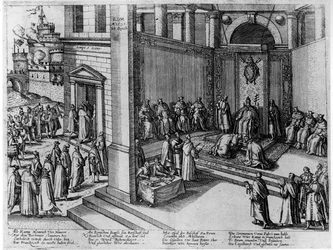 Pave Clemens VIII accepterer underkastelsen af den franske konge, Henri IV, i St. Peters den 23. september 1595