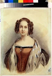 Portræt af prinsesse Marie af Hessen og Rhinen (1824-1880), som bliver kejserinde af Rusland (Portræt af prinsesse Marie af Hessen og Rhinen, kommende kejserinde af Rusland). Anonymt maleri. Akvarel på papir, 39,3 x 23 cm, slutningen af ​​1830. Tysk kunst