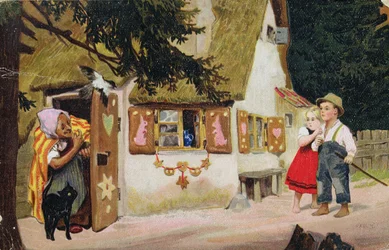 Postkort, der forestiller heksen, der inviterer Hans og Grete til at komme ind i honningkagehuset, ca. 1910
