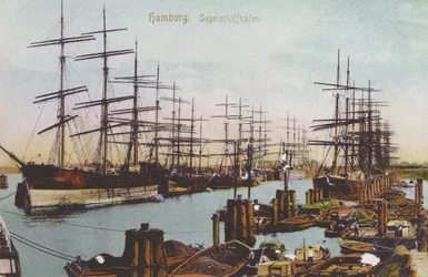 Postkort af sejlskibshavnen i Hamborg, ca. 1900 (farvet foto)