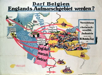 Plakat, der udtrykker tysk bekymring over den foreslåede konstruktion af en Kanaltunnel, der forbinder Belgien og England, ca. 1914-18