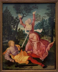 Pyramus og Thisbe. (De to babyloniere elskede hinanden på trods af deres familiers modstand, besluttede at flygte sammen, de mødes ved foden af en murier. Pyramus tror på, at hendes ven blev opslugt af en løvinde og stak sig selv med de