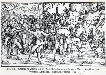 Oprørsbønder, der omgiver en ridder, fra en illustration til Trostspiegel af Petrarch, 1539