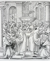 Reformatorerne Martin Luther og Jan Hus administrerer nadver (gravering)