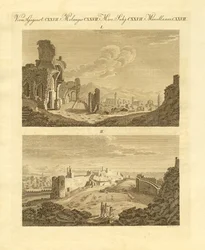 Ruinerne af den gamle bydel Sagunto i Spanien (farvet gravering)