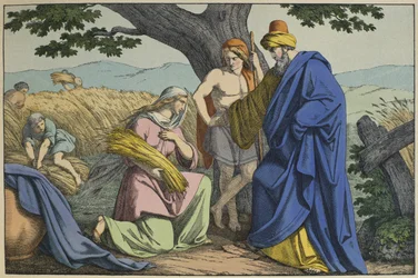 Ruth og Boaz, illustration fra LANcien Testamente, udgivet af Jakob Ferdinand Schreiber, Esslingen (farvestik)
