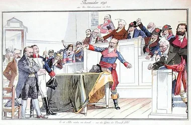 Satirisk tegneserie, der skildrer Dreyfus-affæren som en revolutionær retssag