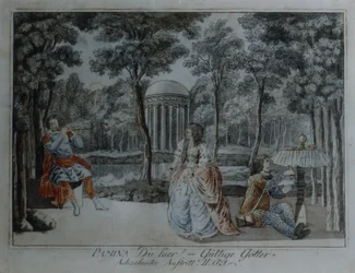 Scene fra Tryllefløjten af Wolfgang Amadeus Mozart (pen & blæk og wc på papir)