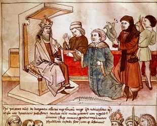 Sigismund I af Luxembourg (1368-1437), kejser af Det Hellige Rige modtager de underdanige folks hyldest. Miniature fra "Krøniker fra Konciliet i Konstanz" af Ulrich Richental (1360-1437) 1438 ca. Prag, nationalbibliotek