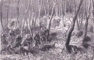 Træfning i skoven uden for Paris, Cassells historie om krigen mellem Frankrig og Tyskland udgivet af Cassell and Company Limited, ca. 1890 (litho)