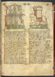 Sloane 361, f.27 Kong Codrus giver sig selv til at blive dræbt for sit folk, og Eleazar Maccabeus stikker elefanten og bliver knust af den, fra 