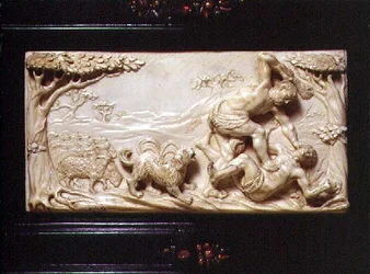 Sydtysk Kunstkabinet, detalje af udskåret plakette forestillende Kain og Abel, 1690
