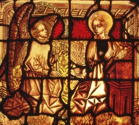 Glasmosaikvindue forestillende bebudelsen, tysk, ca. 1450
