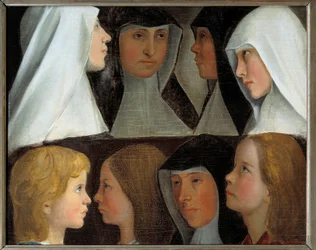 Studier af postulante og nybegyndere nonner af Sankt Benedikts orden Maleri af den tyske skole fra det 19. århundrede Roanne, museum Joseph Dechelette - Studier af religiøse postulanter og novicer af Sankt Benedikts orden. Maleri af den tyske skole