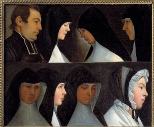 Studier af postulante og nybegyndere nonner af Benediktinerordenen (Benediktinerordenen) Maleri af den tyske skole i det 19. århundrede. Roanne, museum Joseph Dechelette - Studier af religiøse postulanter og novicer af Saint Benedict Order (med t.