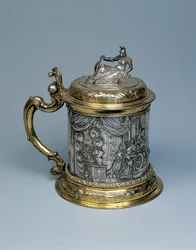 Tankard, liget jaget med en scene, der repræsenterer Alexander og legenden om den gordiske knude, Danzig, ca. 1680 (pakke forgyldt sølv)