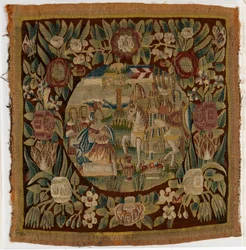 Pudebetræk af gobelin forestillende David og Abigail, Samuel XXV, fremstillet muligvis i Hamborg, Tyskland, ca. 1615 (uld)