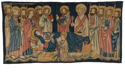 Neitsyen kuolemaa kuvaava kuvakudos, Keski-Rheinlandista, mahdollisesti Trieristä, 1400-luvun puoliväli (villa)