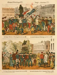 Alsace rekrutterer i Strasbourg (Kleberplatz) i 1869 og i Berlin (Under den Linden) i 1872, fra Elsaesser Bilderbogen, udgivet af A. Schneider, Strasbourg, 1873