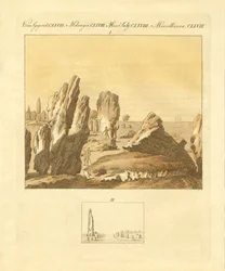 De keltiske monumenter i Carnac (farvet gravering)