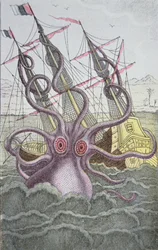 Kraken trækker et skib ned (farvet indgravering)