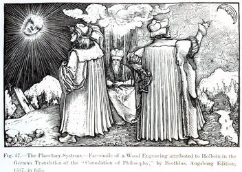 The Planetary Systems, fra The Consolation of Philosophy af Boethius, udgivet i 1537, illustration fra Science and Literature in The Middle Ages and Renaissance, skrevet og indgraveret af Paul Lacr