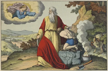 Isaacs offer af Abraham, illustration fra LANcien Testamente, udgivet af Jakob Ferdinand Schreiber, Esslingen (farvestik)