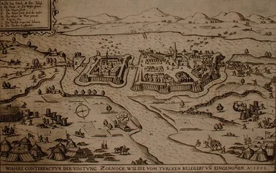 Belejringen af Zolnock af tyrkerne i 1552, illustration fra en bog om de osmanniske felttog i Europa, indgraveret af Paul Furst (ca. 1605-66) (stik)