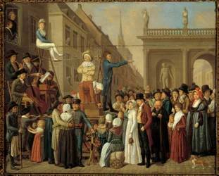Scenescenen gadeshow med musikere og komikere. Maleri af den tyske skole i det 19. århundrede. Paris, Musee Cognacq Jay