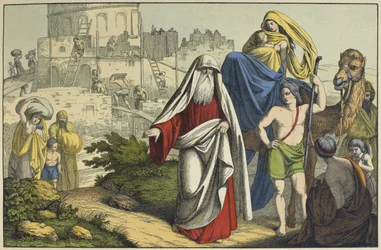 Konstruktionen af Babelstårnet, illustration fra LAncien Testamente, udgivet af Jakob Ferdinand Schreiber, Esslingen (farvestik)