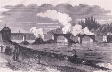 Forsvaret af Paris-brændende broen over Asnieres, Cassells historie om krigen mellem Frankrig og Tyskland udgivet af Cassell and Company Limited, ca. 1890 (litho)