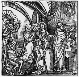 Djævlene nedskriver købmændenes snak under messen - i „Der Ritter von Turn“ af ridderen Marquard vom Stein, 1498