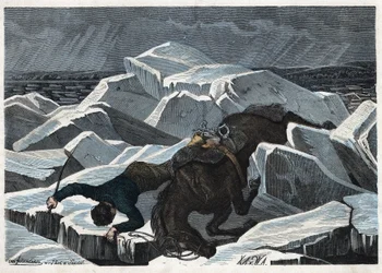 Grev Sandors og hans hests fald på Donaus knuste is. I "" Wenn Jemand eine Reise thut, so kann er was erzahlen"" (Når nogen rejser, det er det, han kan fortælle), tysk fortælling af Franz Wiedemann