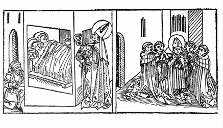 Sankt Nikolaus liv vågnede. Indgravering fra “Leben der Heiligen - sommerteil” (Helgenbogen) af Jacobus (James) af Voragine (1228-1298). Lübeck 1488.