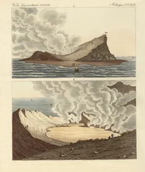 Den nye vulkanø ved Middelhavet, to måneder senere (farvet indgravering)