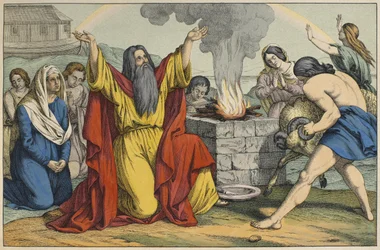 Noahs offer, illustration fra LANcien Testamente, udgivet af Jakob Ferdinand Schreiber, Esslingen (farvestik)
