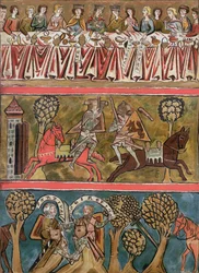 Tre scener fra Parsifal af Wolfram von Eschenbach (d.c.1230) faksimile fra et manuskript fra det 13. århundrede