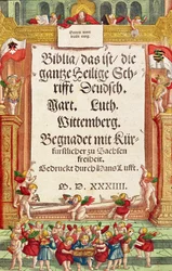 Titelblad fra Lutherbibelen, ca. 1530 (farvet træsnit)