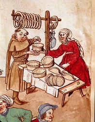 Handel: en brødhandler. Miniature fra "Krøniken om koncilet i Konstanz" af Ulrich Richental (1360-1437), cirka 1438. Prag, Nationalbiblioteket
