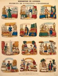 Tolv udstillingsstande fra forskellige nationer på Verdensudstillingen i London, udgivet af Dambour & Gangel, Metz, 1851
