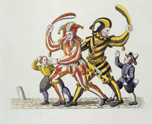 To gøglere, der leger med børn, fra gamle Nürnbergs skikke og praksis i spil og sange, genudgivet 1831