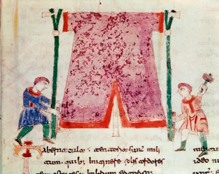To mænd står i et telt. Miniature taget fra manuskriptet "" De Universo" eller "" De rerum naturis"" (Fra tingenes natur) af Rabanus Maurus Magnentius (eller Raban Maur eller Rabano Mauro, ca. 780-856). 9. århundrede. Arkiv for Monte Cassino Abbey (Mount
