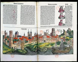 Udsigt over byen Köln, fra Nürnbergkrøniken af Hartmann Schedel, 1493 (træstik i farver)
