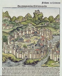 Udsigt over den befæstede by Konstantinopel, fra Nürnberg-krøniken af Hartmann Schedel (1440-1514) 1493 (træblok)