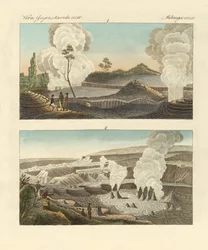 Vulkaner på øen Hawaii (farvet indgravering)