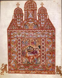 Nativite Miniature af Codex of Egbert (Codex Egberti) af skolen i Reichenau. 980 ca. Cividale del Friuli, Arkæologisk Museum eller Cathedrale de Cividale