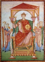 Otto 3. (980-1002), tysk kejser, modtager nationernes hyldest. Miniature fra manuskriptet „Otto 3.s evangeliebog“, slutningen af det 10. århundrede. Chantilly, Musée Condé