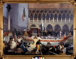 Entree af Vittorio Emanuele II (Victor Emmanuel) (1820-1878) i Venedig. Maleri af Gerolamo (Girolamo) Induno (1827-1890). Museum for Risorgimento Milano