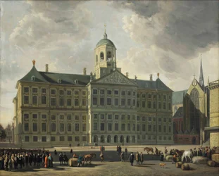 Udsigt over dæmningen med det nye rådhus, Nieuwe Kerk og Waag, Amsterdam
